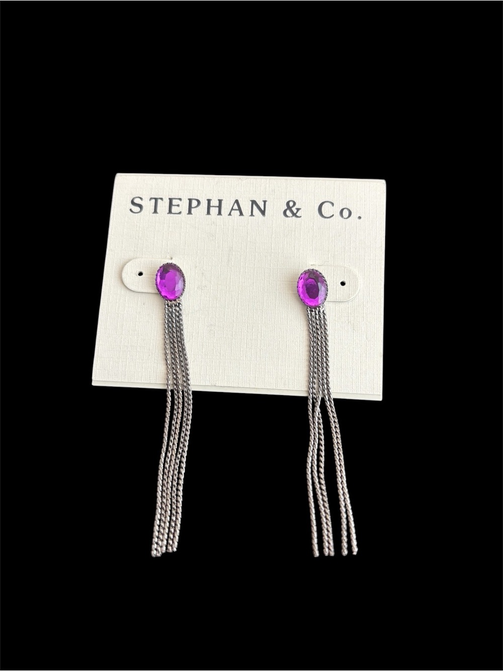 Purple Stone Silver Tassel Drop Earrings